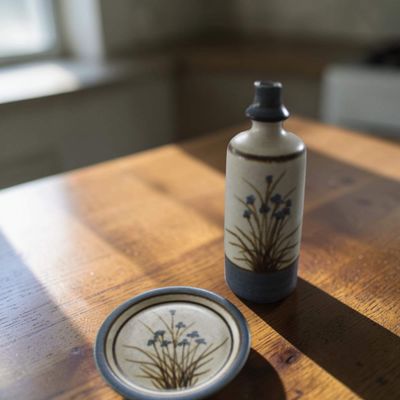Blue Floral NZ Studio Pottery Bottle &amp; Dish Set