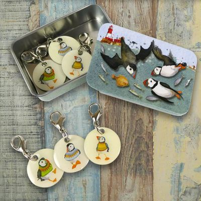 Emma Ball &quot;Diving Puffins&quot; Crochet Stitch Markers in a Tin
