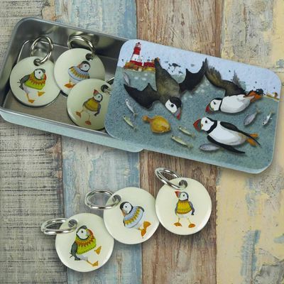 Emma Ball &quot;Diving Puffin&quot; Stitch Markers in a Pocket Tin