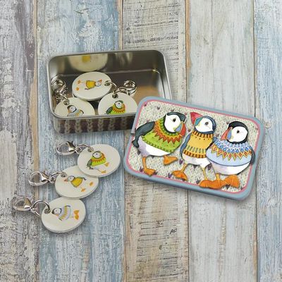 Emma Ball &quot;Woolly Puffins II&quot; Crochet Stitch Markers in a Pocket Tin