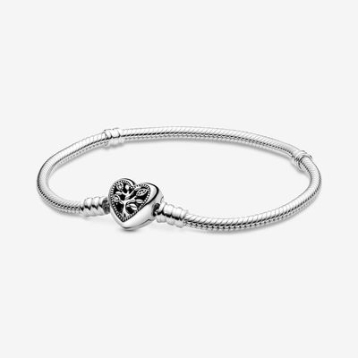 Pandora Moments Snake Chain Bracelet with Family Tree Heart Clasp