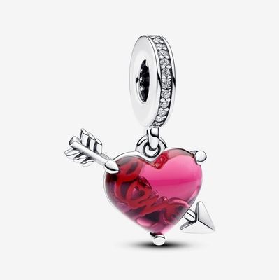 Red Heart &amp; Arrow Murano Glass Dangle Charm