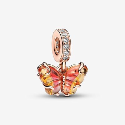 Pink &amp; Yellow Murano Glass Butterfly Dangle Charm