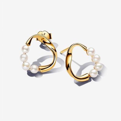 Organically Shaped Circle &amp; Treated Freshwater Cultured Pearls Stud Earrings