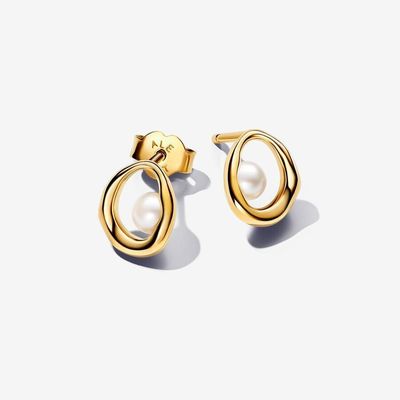 Organically Shaped Oval &amp; Treated Freshwater Cultured Pearl Stud Earrings Gold Plated