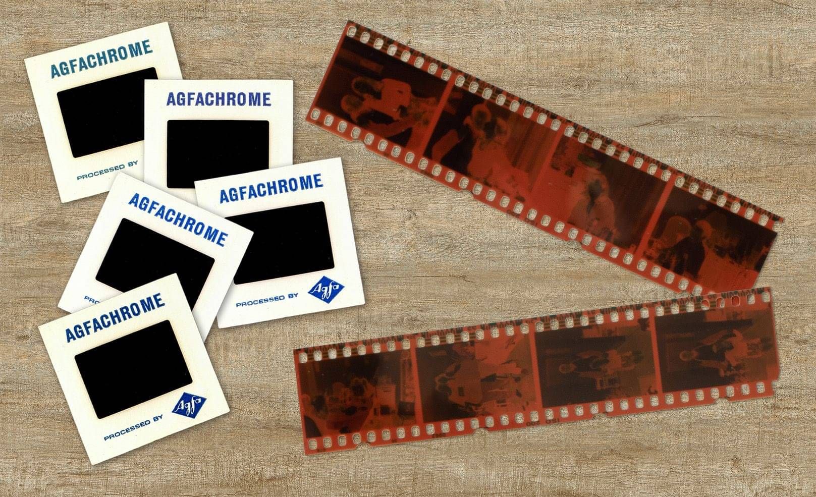 35mm slides and film strips laid on a table