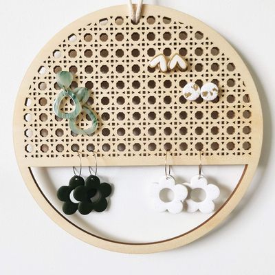 Hanging Round Rattan Earring Holder - natural wood