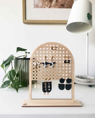 Rattan Arch Earring Stand with Window- Large in natural wood