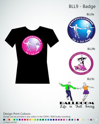 Ballroom Tshirt printed with a variety of Ballroom and Swing &quot;Badge&quot; Designs