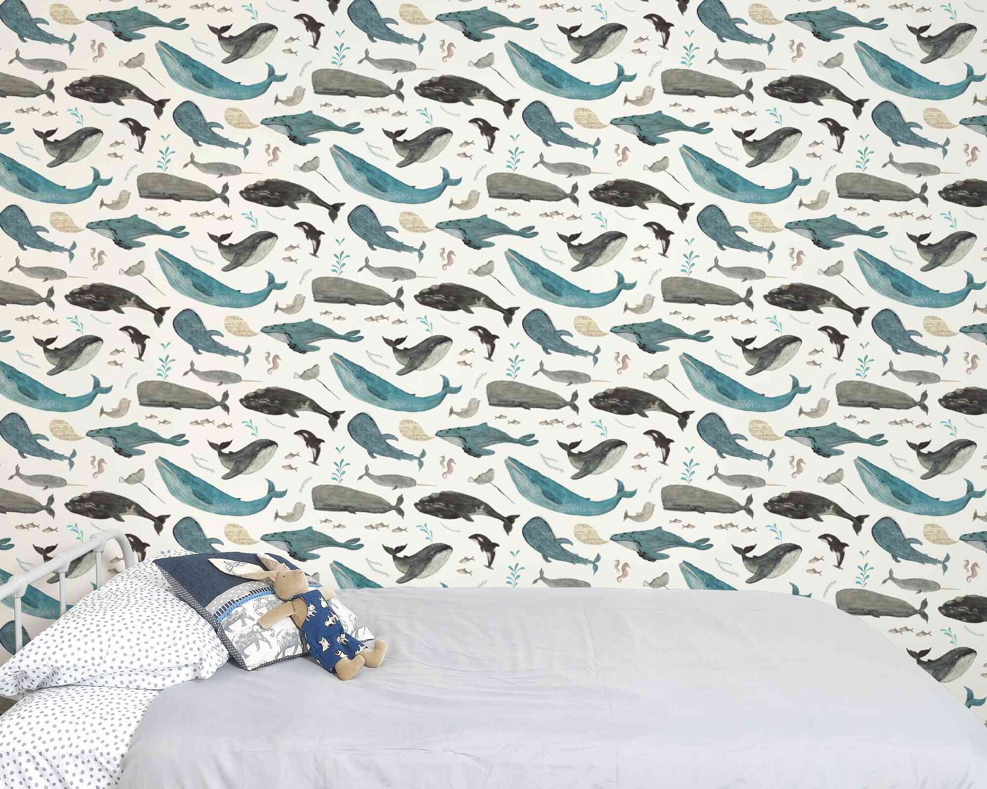 Whale art wallpaper on white