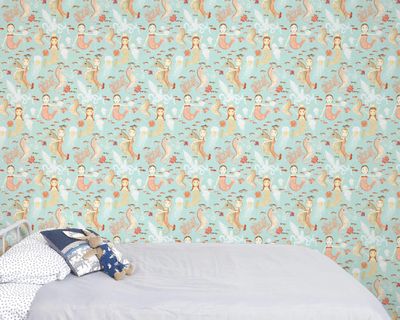 Mermaids on blue wallpaper - large