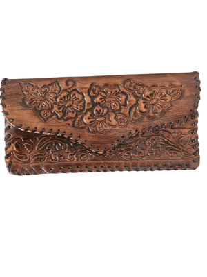Brown Vintage Hand-Tooled Leather Floral Clutch