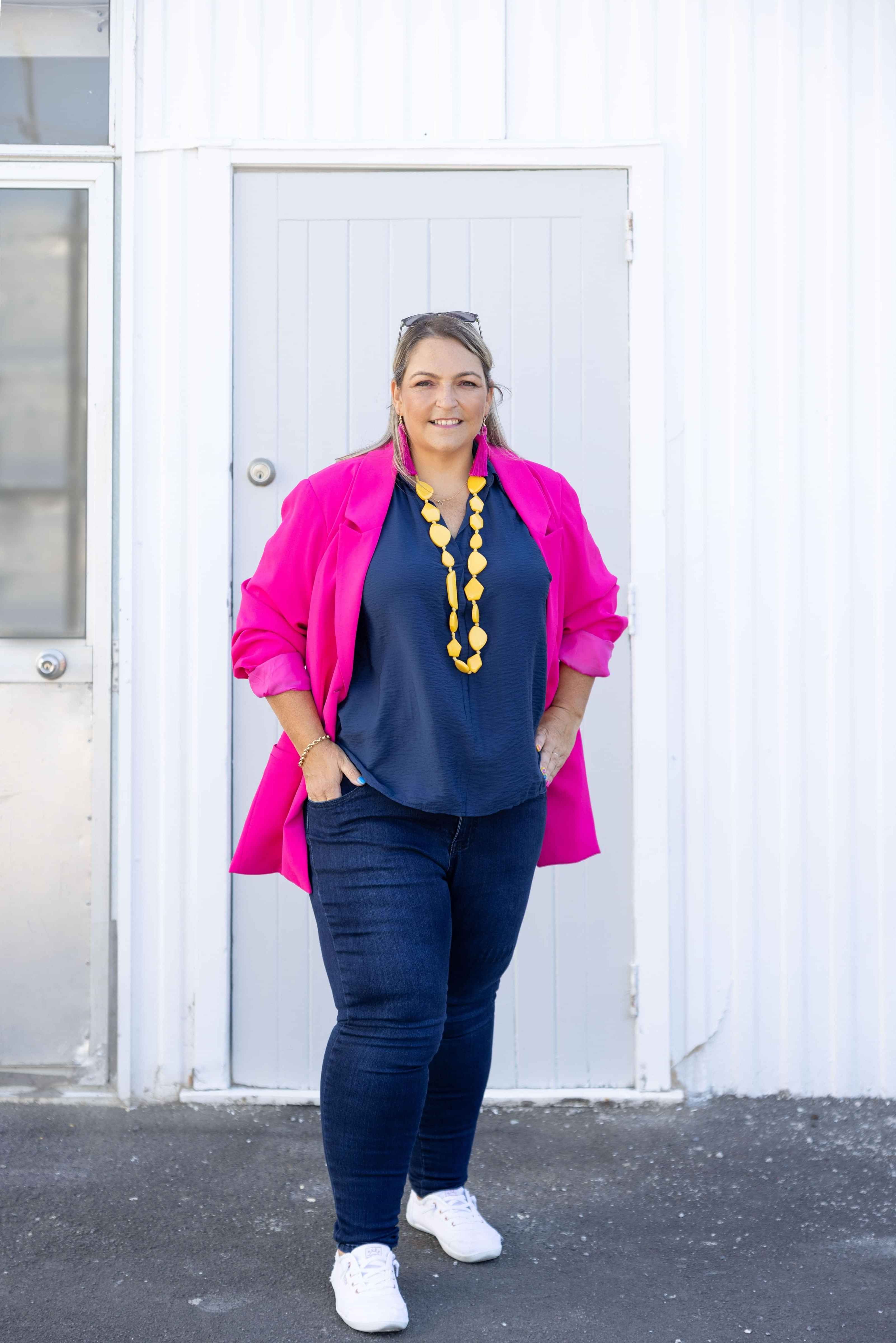 Virtual Coastie Amanda Flemming in a pink jacket