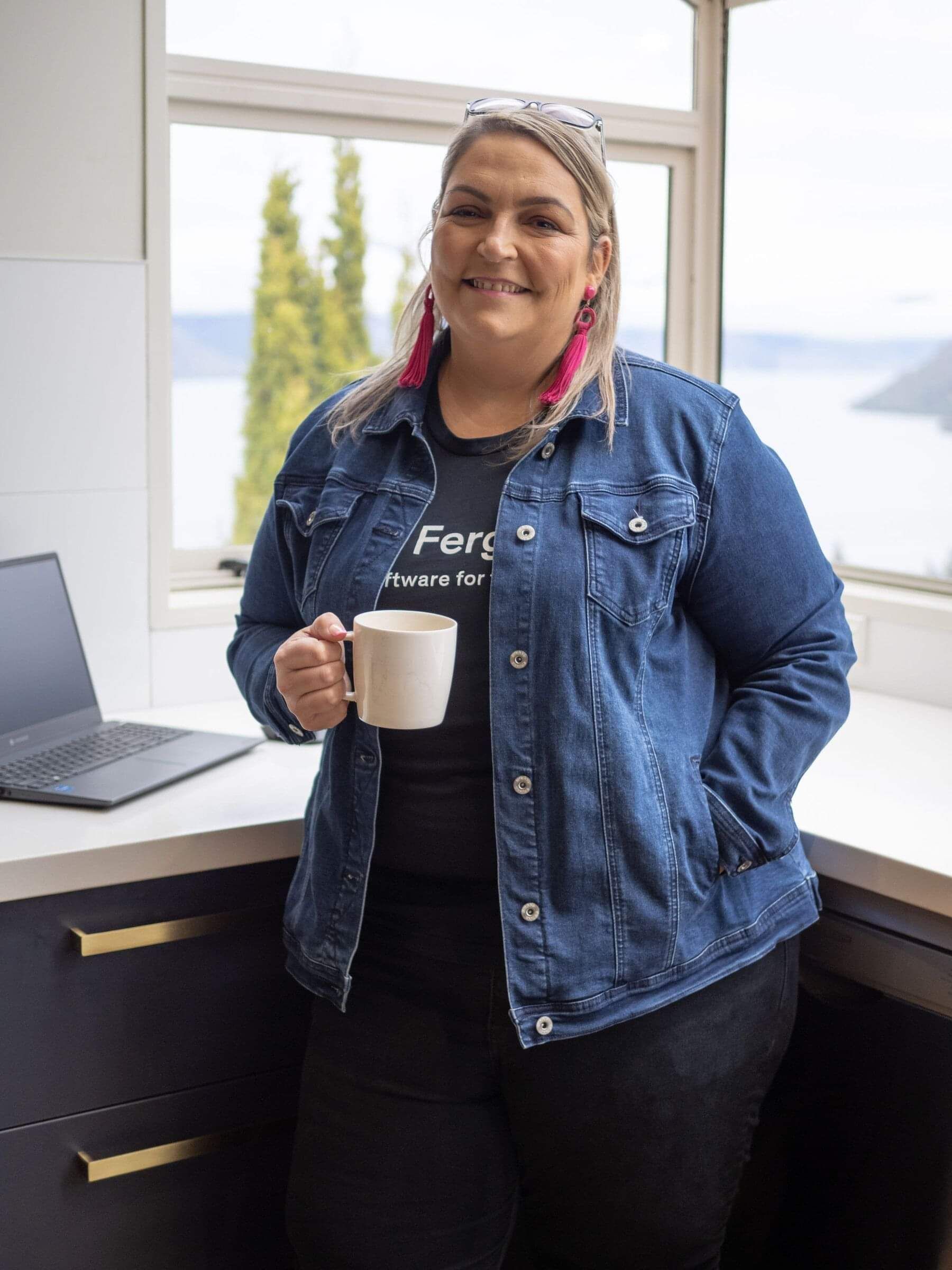Amanda in Fergus T-shirt with Coffee