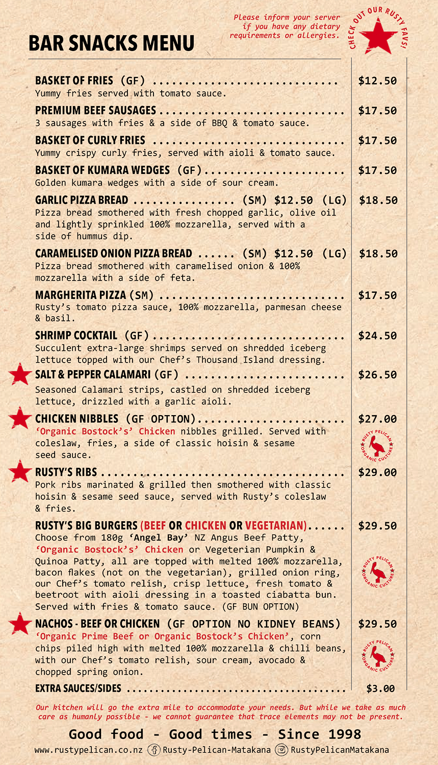 Rusty Matakana Menu - Bar Snacks
