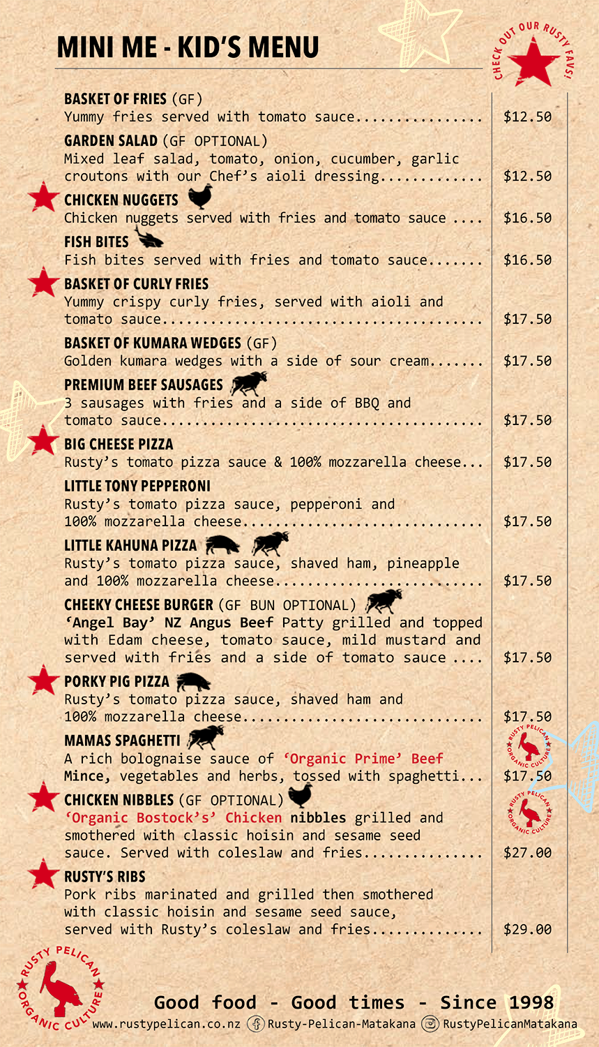 Rusty Matakana Menu - Kids