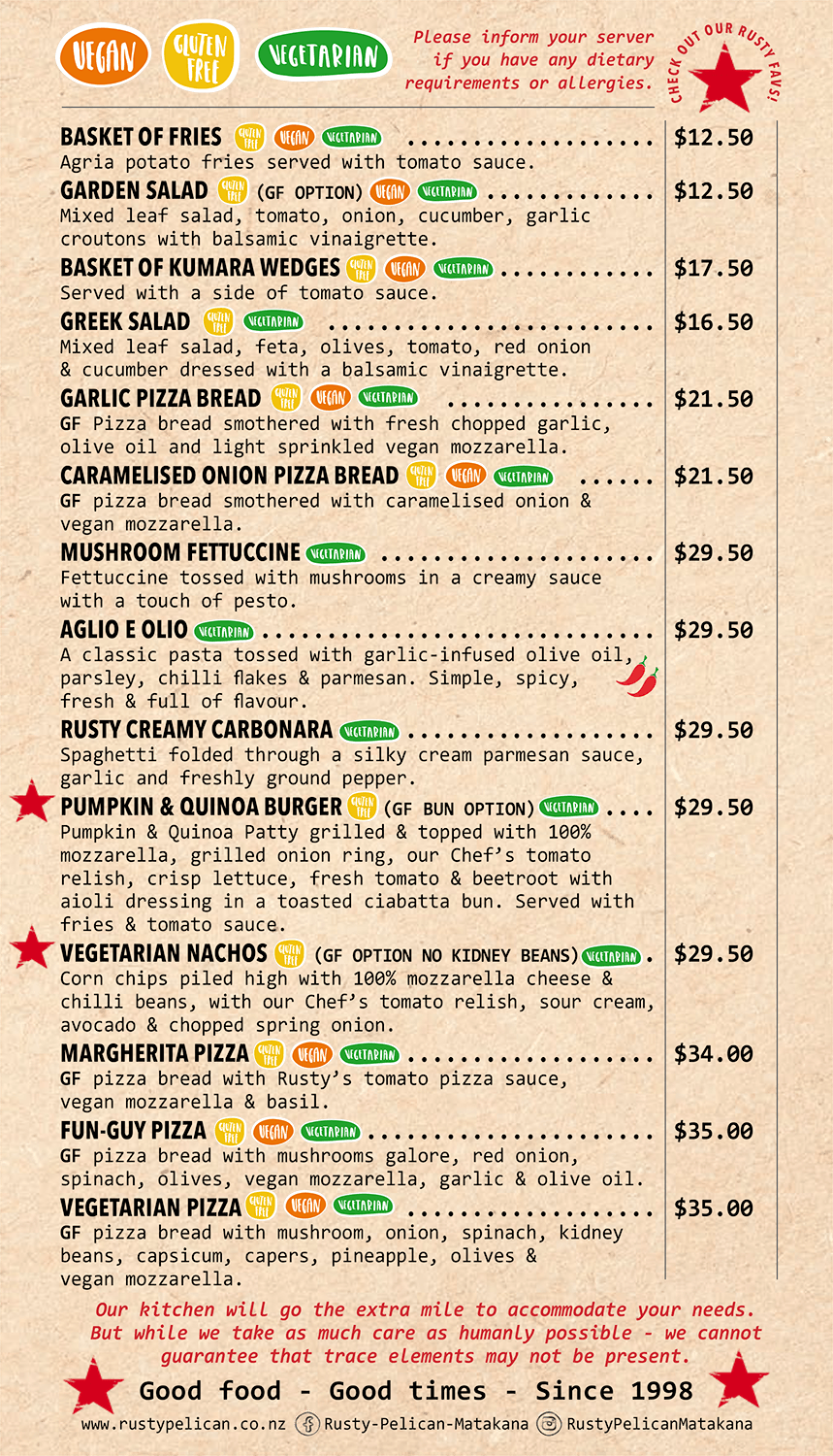 Rusty Matakana Menu - Vege