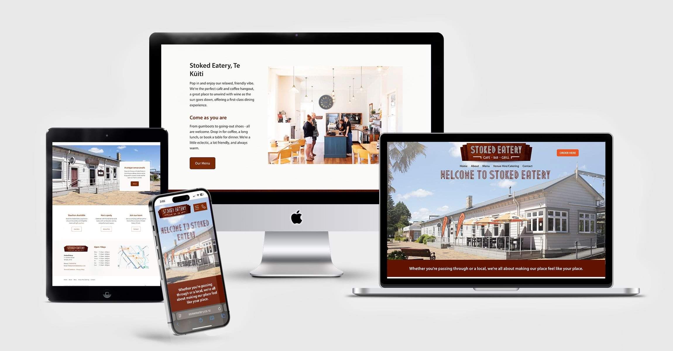 An example of web design by Page Design Ltd showing responsive nature of a website design on an ipad, imac and laptop
