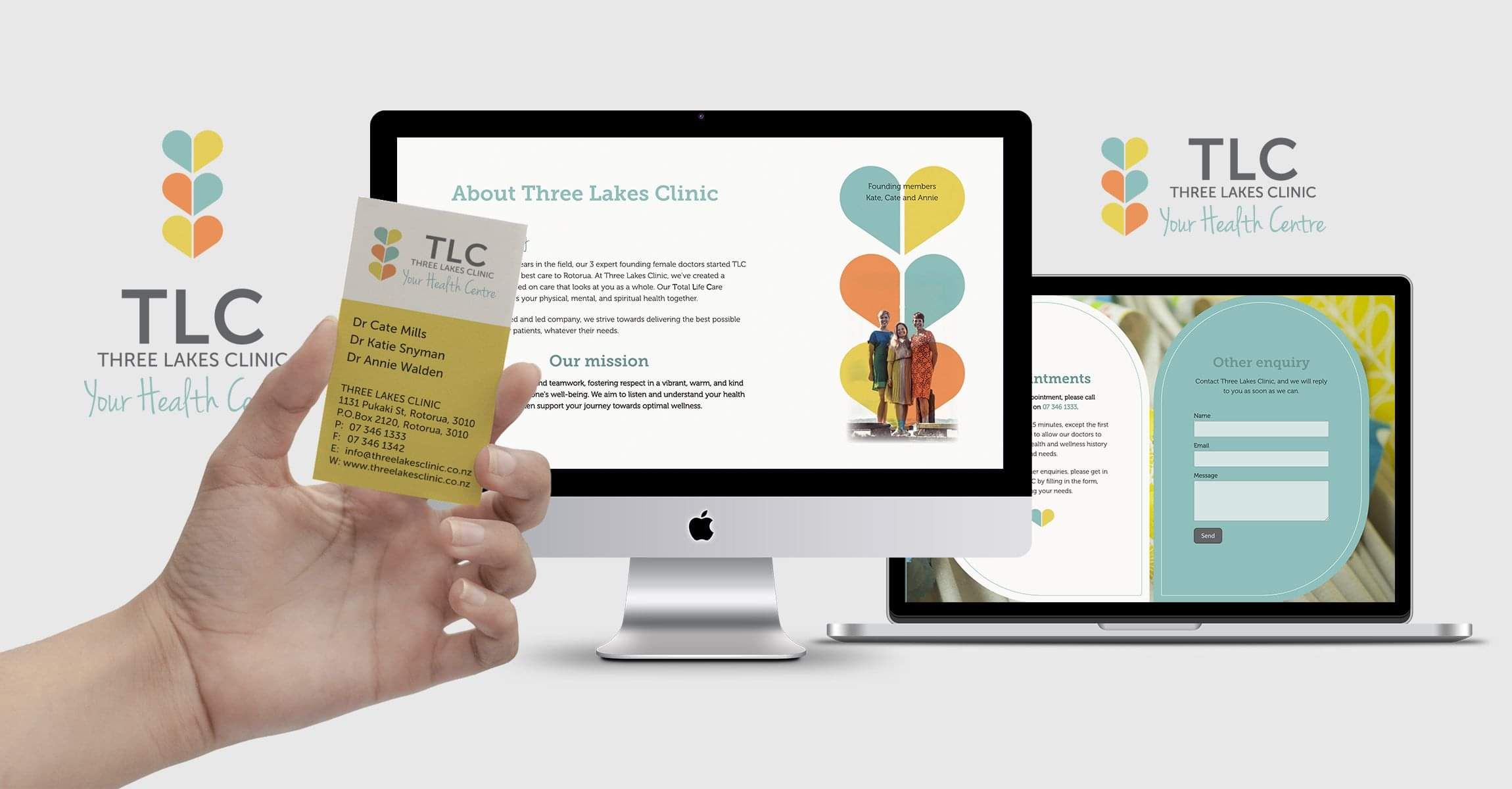 An example of brand design by Page Design Ltd showing responsive website design, different logo instances and a business card design