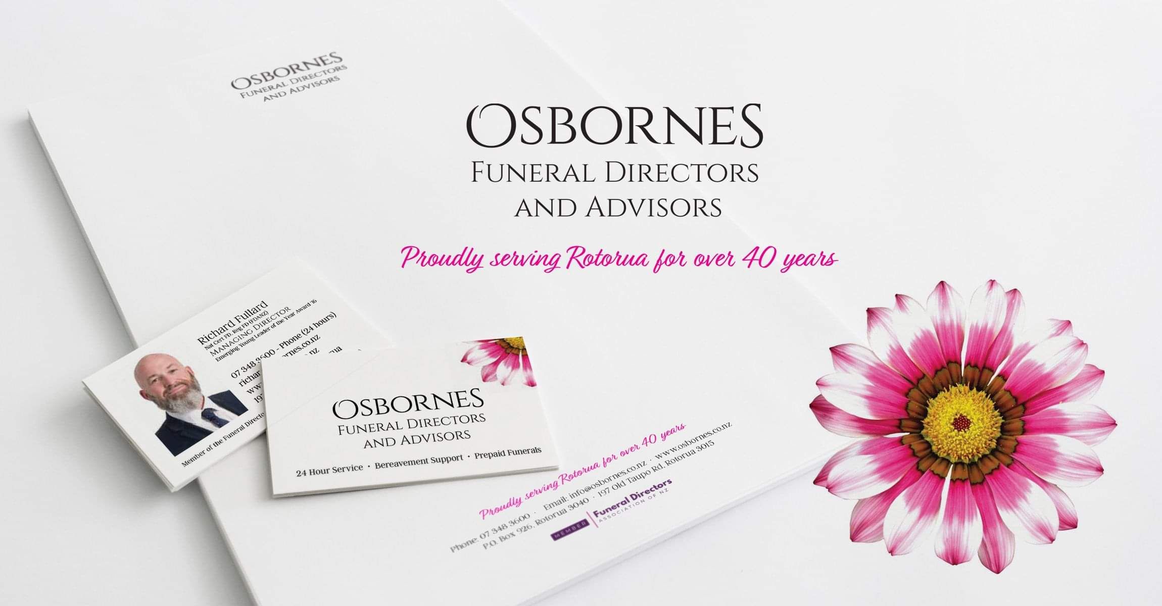 Brand Identity example for Osbornes Funeral Directors, showing a letterhead, business cards and the logo