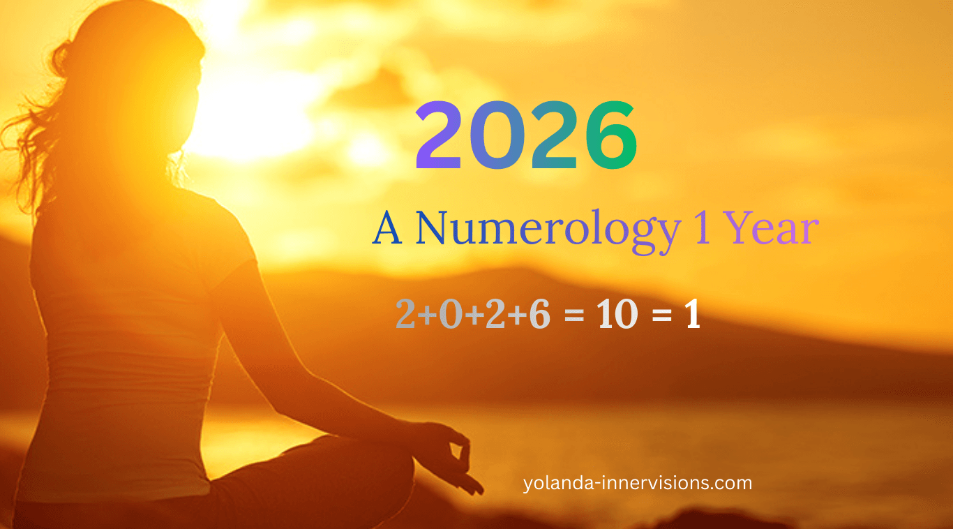 Sunrise meditation image with the numerology calculation for 2026 (2+0+2+6 = 10 = 1) and the text ‘2026 A Numerology 1 Year