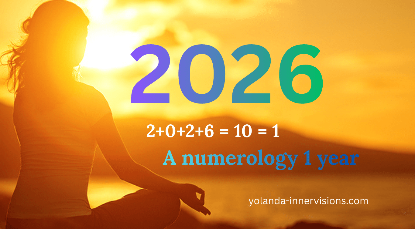 Sunrise meditation image with the numerology calculation for 2026 (2+0+2+6 = 10 = 1) and the text ‘2026 A Numerology 1 Year