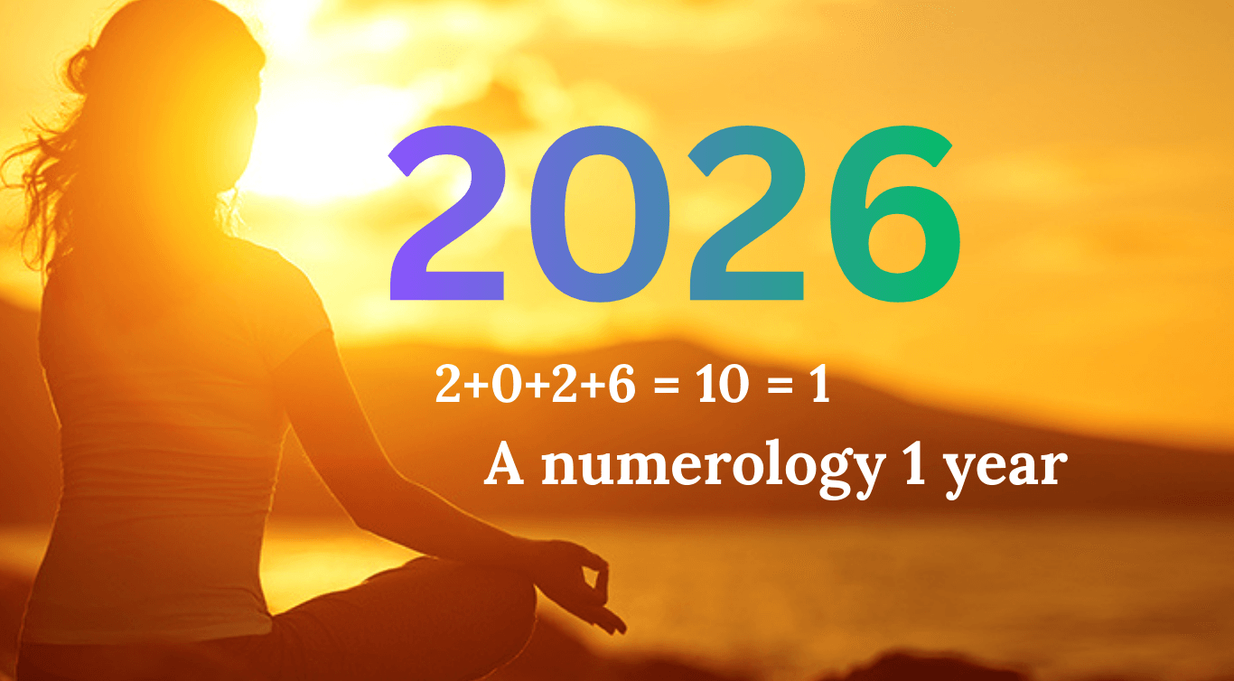 Sunrise meditation image with the numerology calculation for 2026 (2+0+2+6 = 10 = 1) and the text ‘2026 A Numerology 1 Year