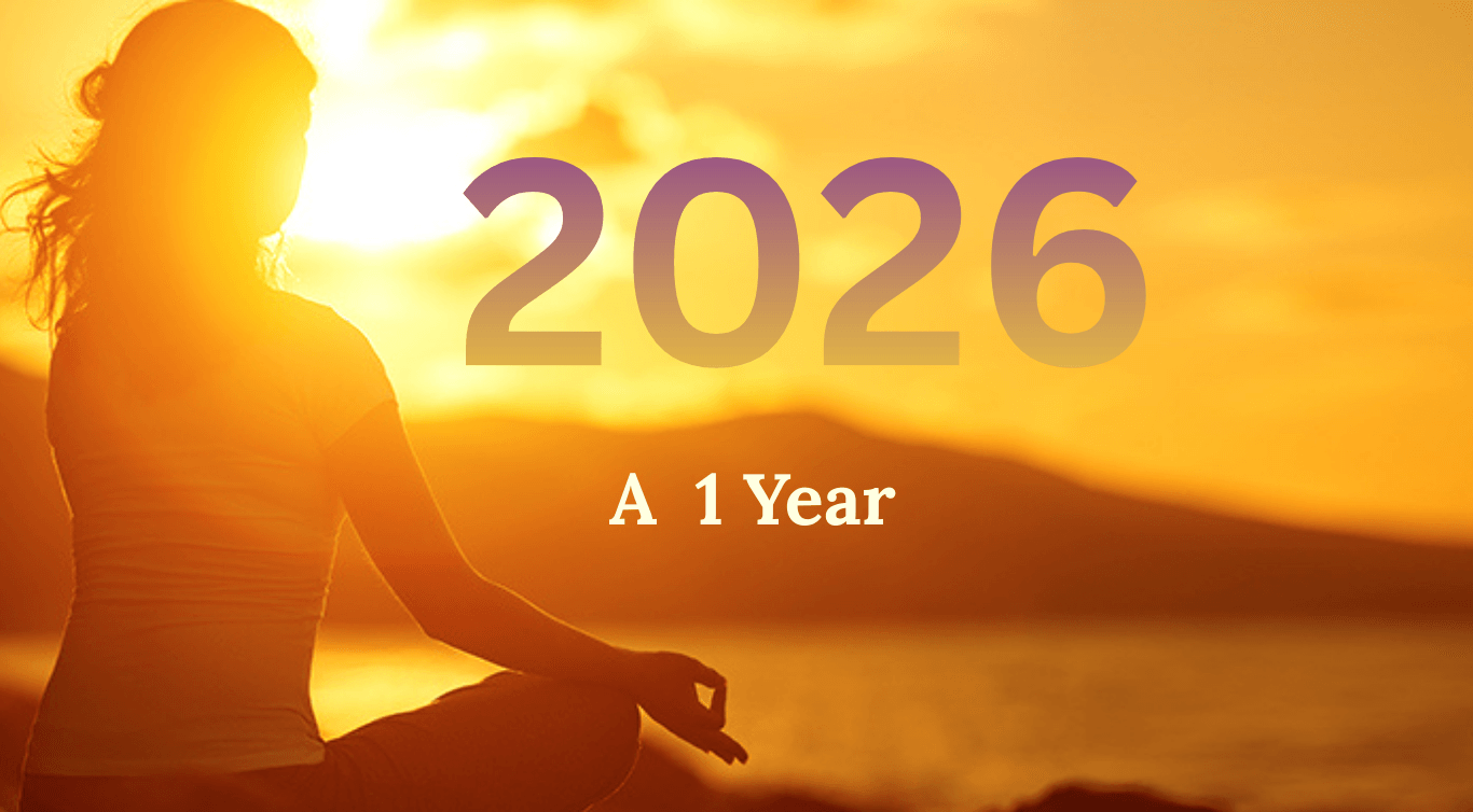 Sunrise meditation image with the numerology calculation for 2026 (2+0+2+6 = 10 = 1) and the text ‘2026 A Numerology 1 Year