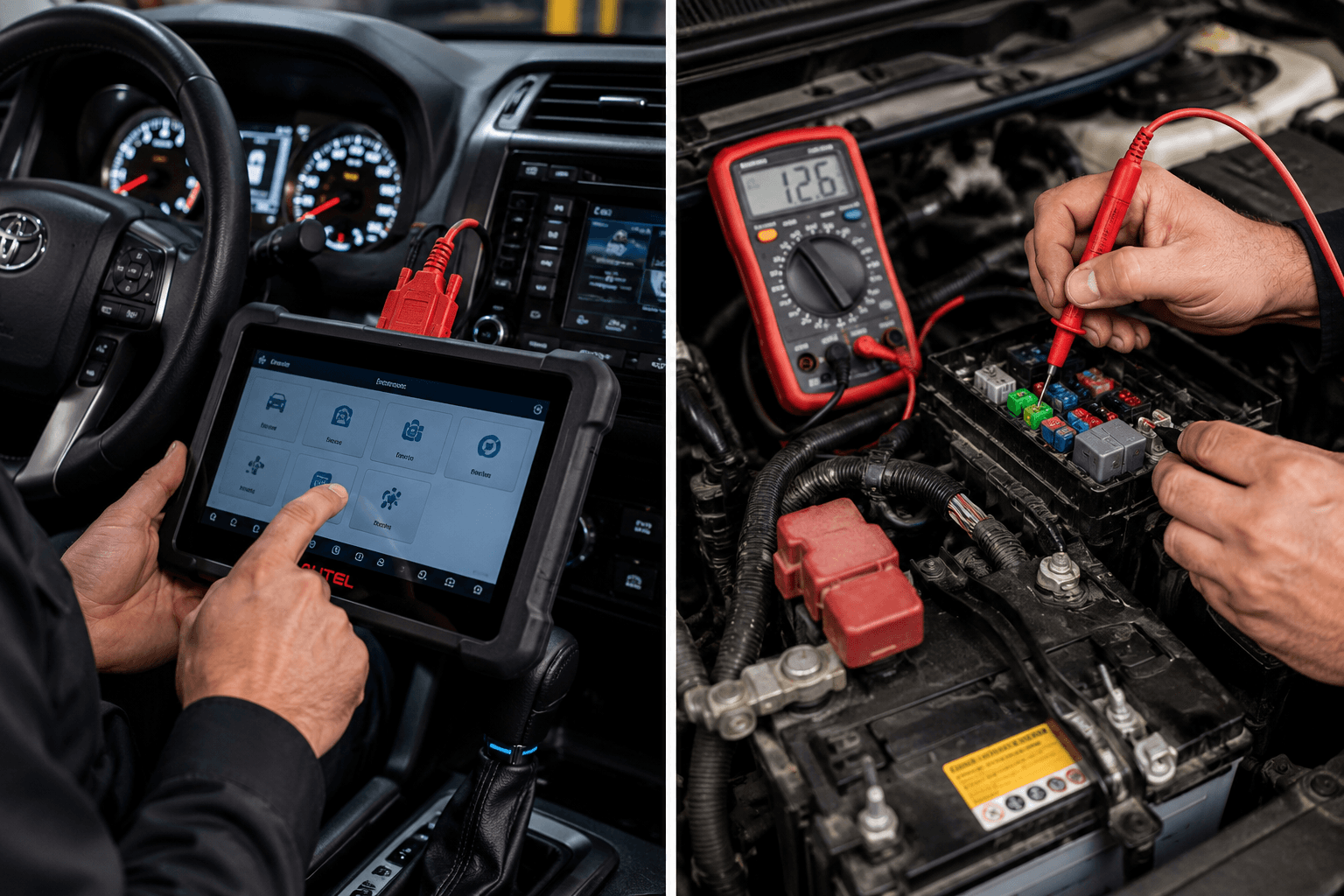 Technician using diagnostic scan tool and multimeter to test a vehicle's electrical system in Hamilton