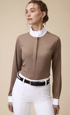 Vala Long Sleeve Mesh Show Shirt - Mocha