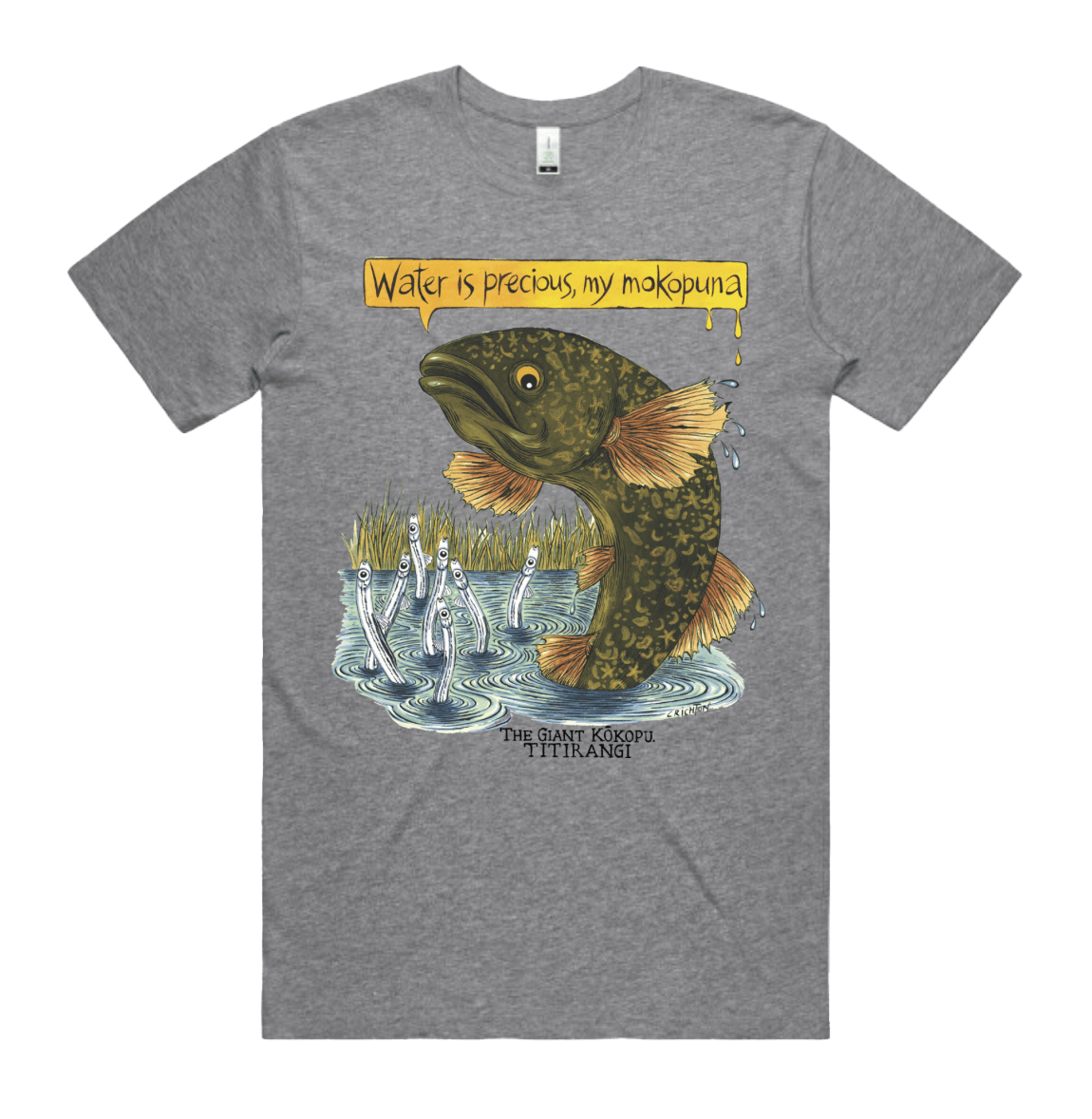Custom printed tee shirt featuring a kokopu fish design