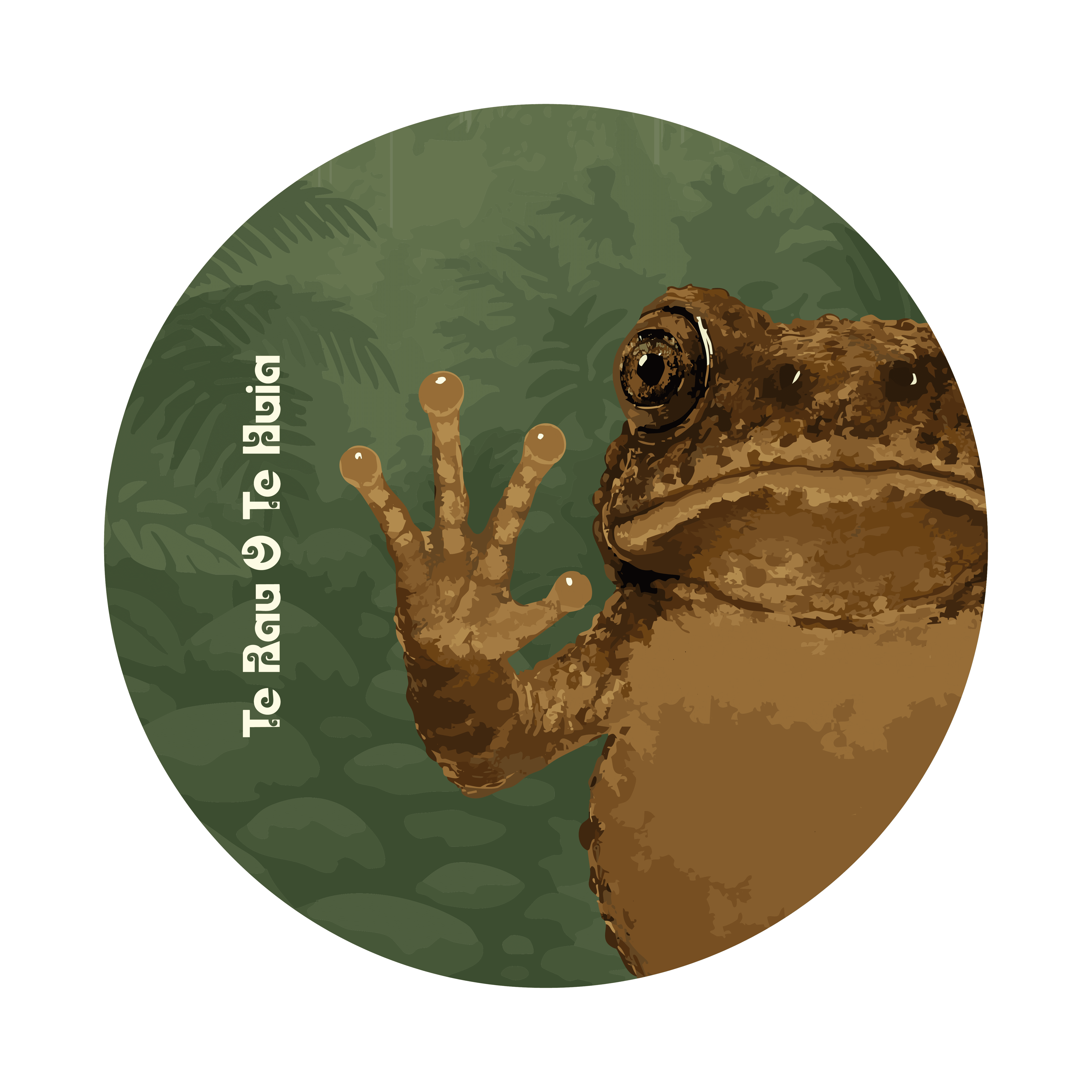 llustration of a frog by Stephanie Nierstenhoefer with Te Ray o Te Huia wording