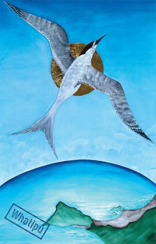 painting of a tara seabird with Whatipu landscape