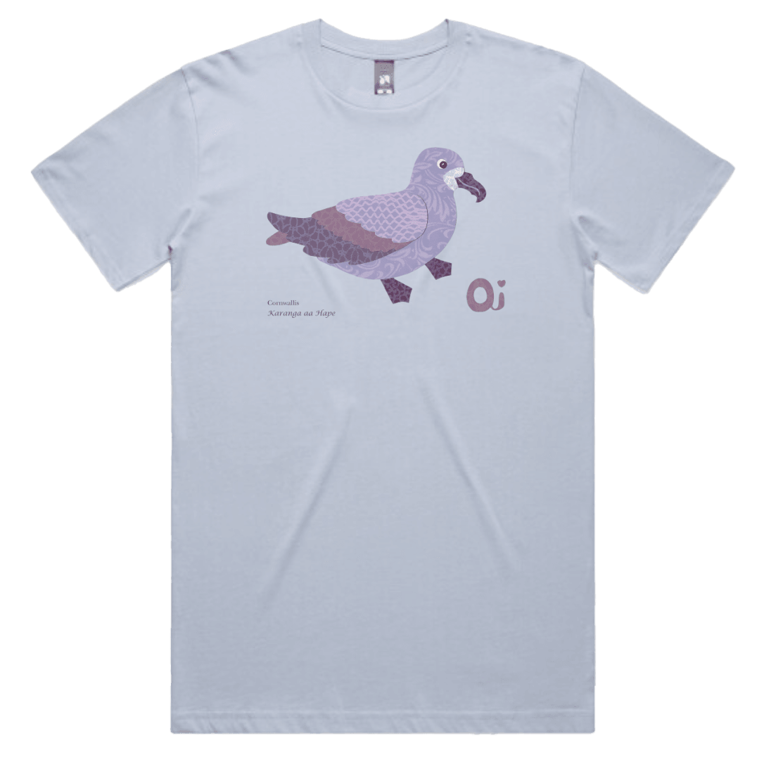 Custom printed tee shirt featuring a petrel bird design