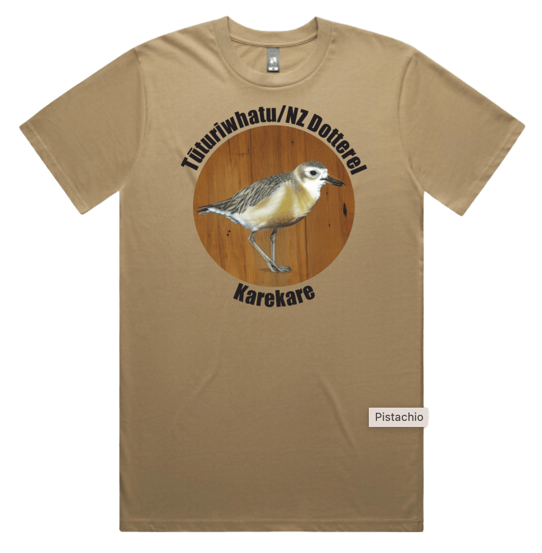 Custom printed tee shirt featuring a dotterel bird design