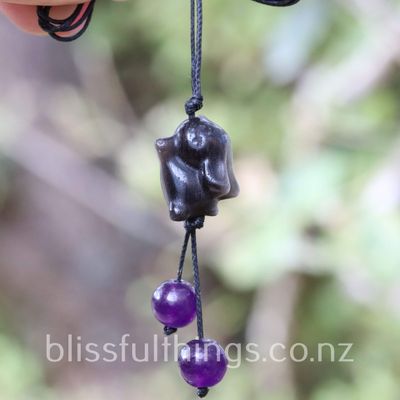 Sliver Sheen Obsidian Rabbit and Amethyst Necklace