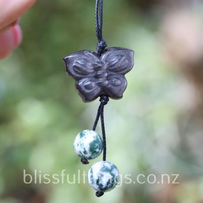 Sliver Sheen Obsidian Butterfly and Tree Agate Necklace