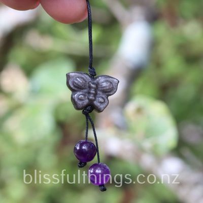 Sliver Sheen Obsidian Butterfly and Amethyst Necklace