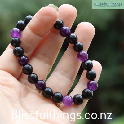 Shungite and Amethyst Bracelet with 8mm Round Beads