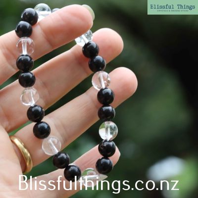 Shungite and Clear Quartz Bracelet with 8mm Round Beads