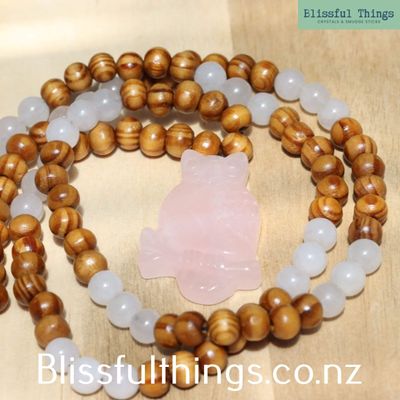 Rose Quartz Owl, Mala Style Necklace