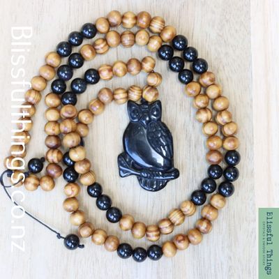 Obsidian Owl, Mala Style Necklace