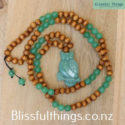 Green Aventurine Owl, Mala Style Necklace