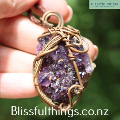 Amethyst Crystal Cluster Copper Wire Wrapped Necklace