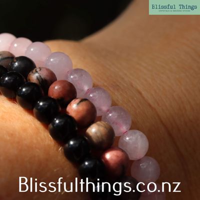 Bracelet Set,  Rose Quartz, Black Obsidian and Rhodonite