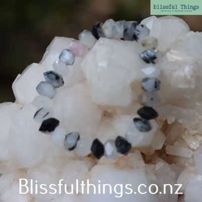 Black Tourmaline in Quartz Faceted Bead, Free Form Bracelet