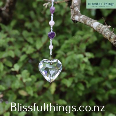 Rainbow Catcher Heart 45mm with Amethyst &amp; Rose qtz Beads.