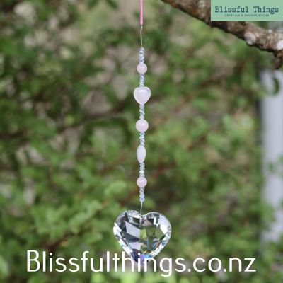 Rainbow Catcher Heart 45mm with Rose qtz Beads.