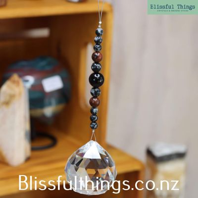 Rainbow Catcher Sphere 40mm with Obsidian Beads
