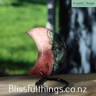 Pink Amethyst Moon with Bloodstone on Stand 600grams